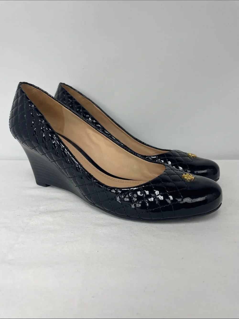 Tory Burch Black Quilted Patent Wedge Pumps, Size 8